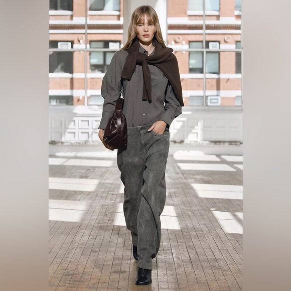 ZARA ZW COLLECTION STRIPED BUTTON DOWN SHIRT POCKET MODAL EDGY CAREER Gray L - Picture 10 of 12